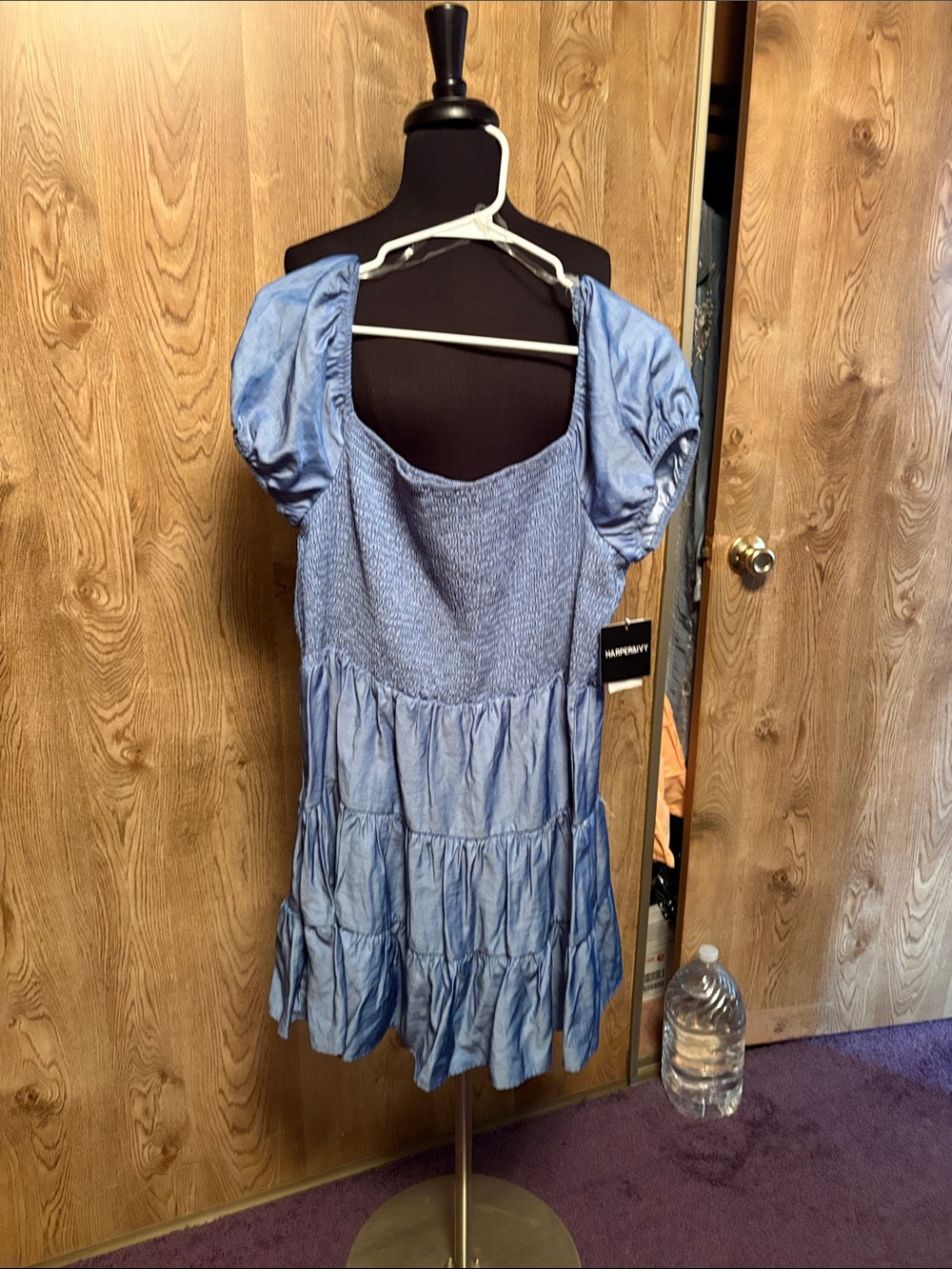 Light Blue Puff Sleeve Tiered Mini Dress